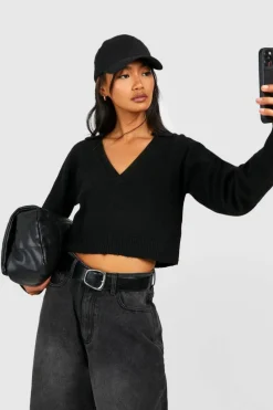 Jumpers*boohoo Soft Knit Fine Gauge Cropped Polo Collar Jumper black