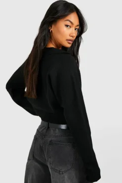 Jumpers*boohoo Soft Knit Fine Gauge Cropped Polo Collar Jumper black