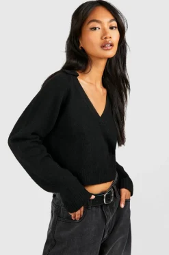 Jumpers*boohoo Soft Knit Fine Gauge Cropped Polo Collar Jumper black