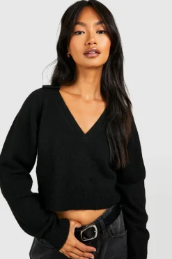 Jumpers*boohoo Soft Knit Fine Gauge Cropped Polo Collar Jumper black