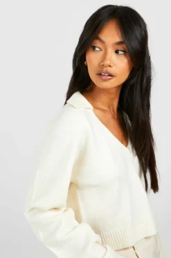 Jumpers*boohoo Soft Knit Fine Gauge Cropped Polo Collar Jumper ecru