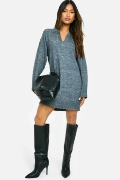 Jumper Dresses|Jumper Dresses*boohoo Soft Knit Fine Gauge Polo Collar Jumper Dress charcoal