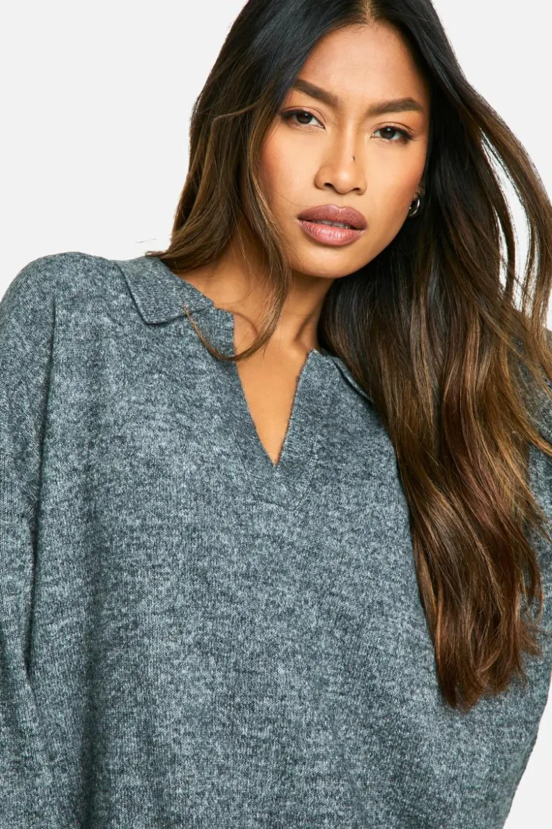 Jumper Dresses|Jumper Dresses*boohoo Soft Knit Fine Gauge Polo Collar Jumper Dress charcoal