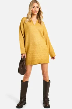 Jumper Dresses|Jumper Dresses*boohoo Soft Knit Fine Gauge Polo Collar Jumper Dress mustard