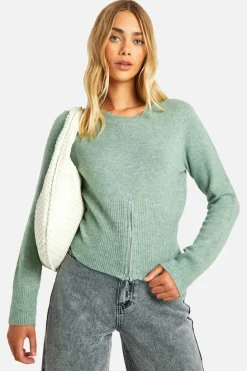 Jumpers*boohoo Soft Knit Fine Gauge Zip Hemline Jumper sage