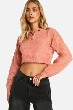 Jumpers*boohoo Soft Knit Half Zip Crop Jumper coral