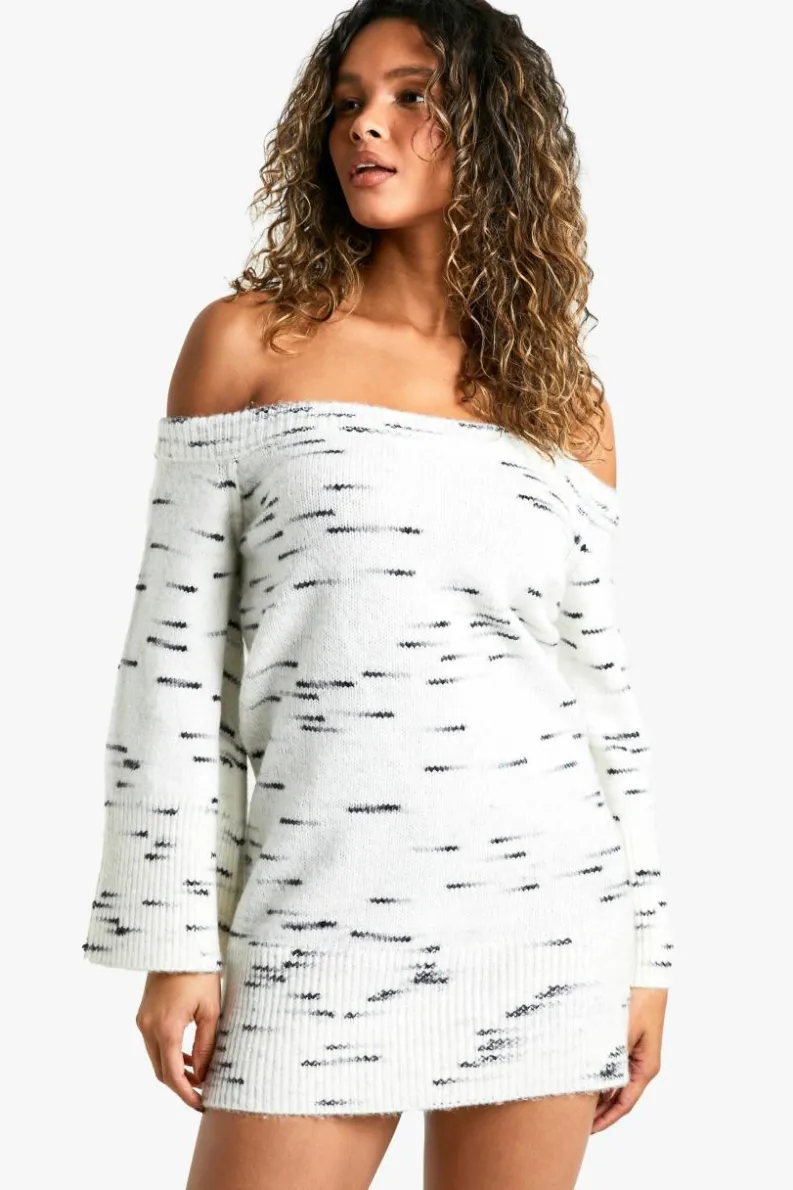 Mini Dresses|Jumper Dresses*boohoo Soft Knit Marl Bardot Knitted Mini Dress ecru