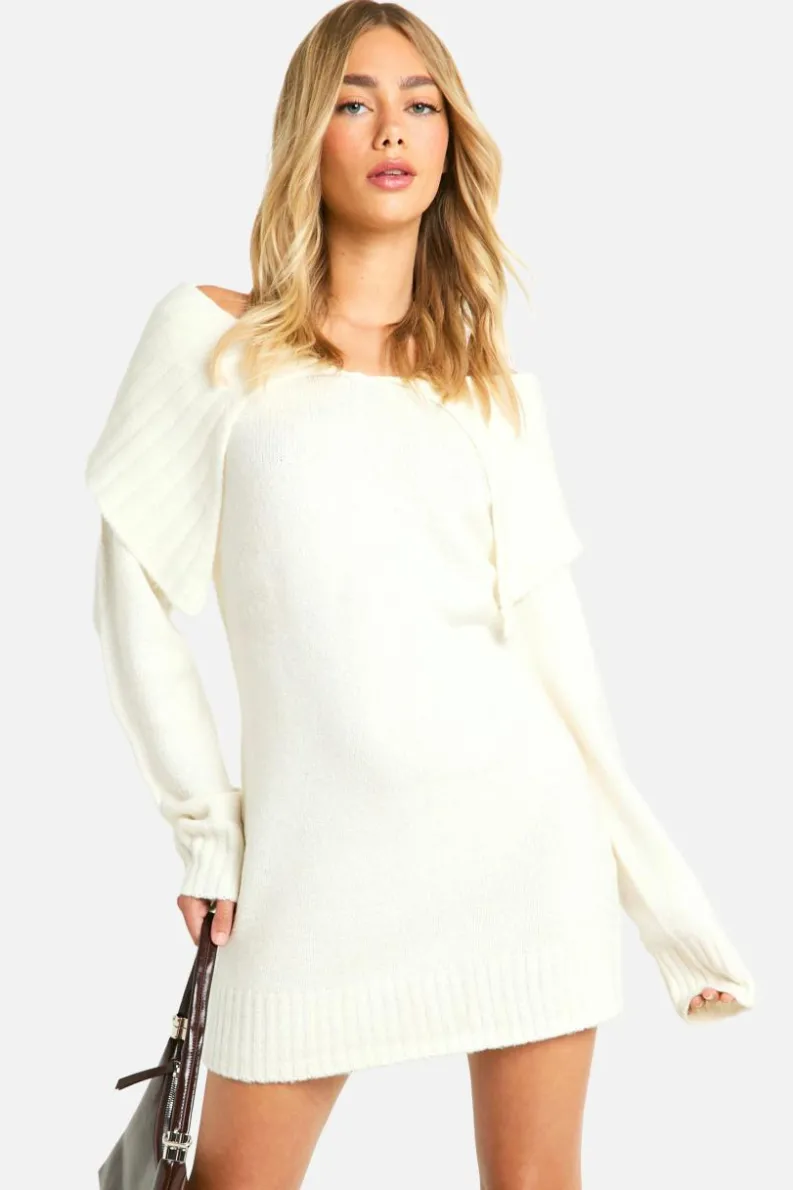 Mini Dresses|Jumper Dresses*boohoo Soft Knit Oversized Collar Off The Shoulder Jumper Dress ecru