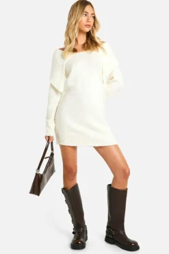 Mini Dresses|Jumper Dresses*boohoo Soft Knit Oversized Collar Off The Shoulder Jumper Dress ecru