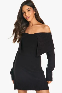 Jumper Dresses|Jumper Dresses*boohoo Soft Knit Oversized Collar Off The Shoulder Jumper Dress black