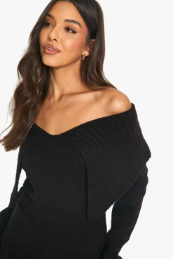 Jumper Dresses|Jumper Dresses*boohoo Soft Knit Oversized Collar Off The Shoulder Jumper Dress black