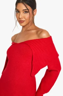 Jumper Dresses|Jumper Dresses*boohoo Soft Knit Oversized Collar Off The Shoulder Jumper Dress red
