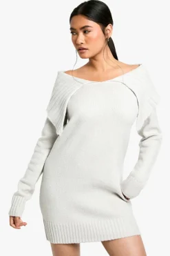 Mini Dresses|Jumper Dresses*boohoo Soft Knit Oversized Collar Off The Shoulder Jumper Dress grey