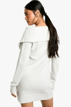 Mini Dresses|Jumper Dresses*boohoo Soft Knit Oversized Collar Off The Shoulder Jumper Dress grey
