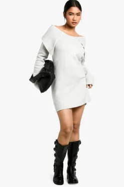 Mini Dresses|Jumper Dresses*boohoo Soft Knit Oversized Collar Off The Shoulder Jumper Dress grey
