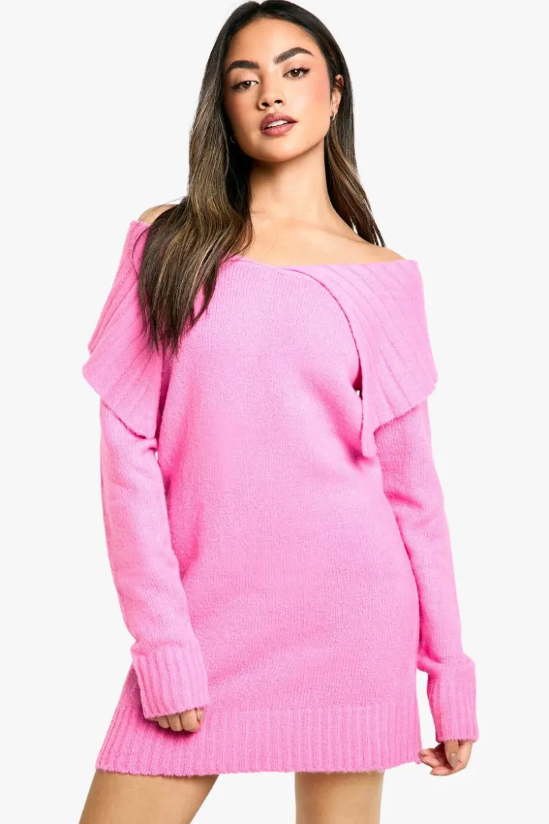 Jumper Dresses|Jumper Dresses*boohoo Soft Knit Oversized Collar Off The Shoulder Jumper Dress pink