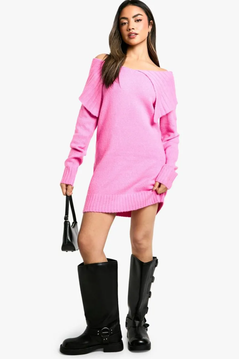 Jumper Dresses|Jumper Dresses*boohoo Soft Knit Oversized Collar Off The Shoulder Jumper Dress pink