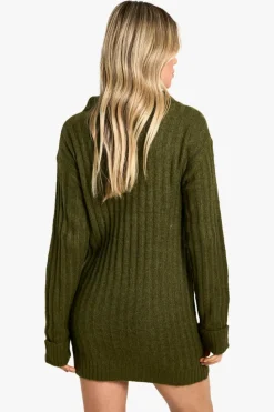 Jumper Dresses|Jumper Dresses*boohoo Soft Knit Rib Zip Neck Oversized Mini Jumper Dress khaki