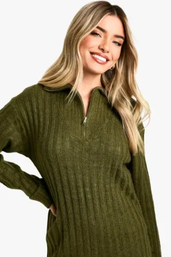 Jumper Dresses|Jumper Dresses*boohoo Soft Knit Rib Zip Neck Oversized Mini Jumper Dress khaki
