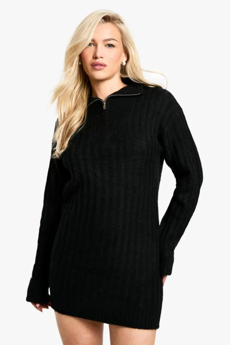 Mini Dresses|Jumper Dresses*boohoo Soft Knit Rib Zip Neck Oversized Mini Dress black
