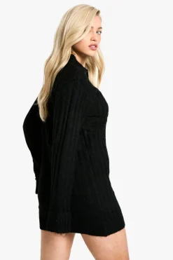 Mini Dresses|Jumper Dresses*boohoo Soft Knit Rib Zip Neck Oversized Mini Dress black