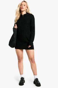 Mini Dresses|Jumper Dresses*boohoo Soft Knit Rib Zip Neck Oversized Mini Dress black