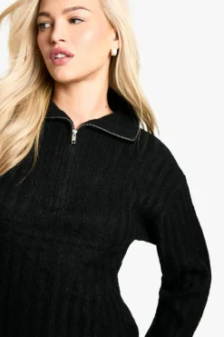 Mini Dresses|Jumper Dresses*boohoo Soft Knit Rib Zip Neck Oversized Mini Dress black