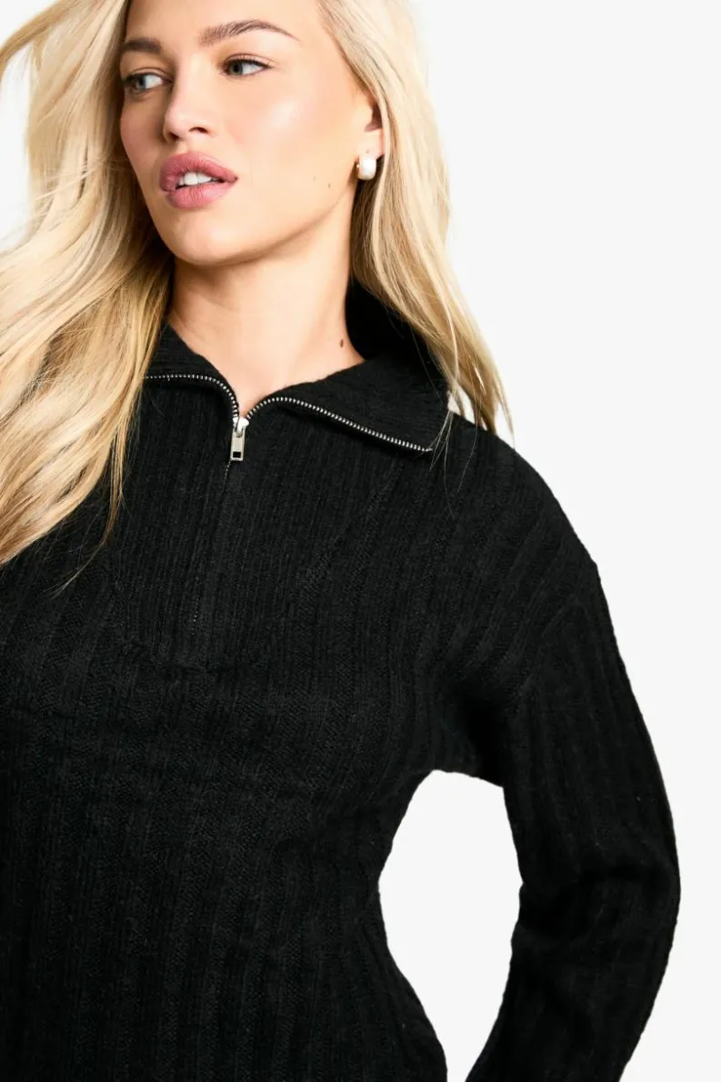 Mini Dresses|Jumper Dresses*boohoo Soft Knit Rib Zip Neck Oversized Mini Dress black