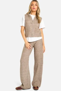Knitted Co-Ords|Knitwear*boohoo Soft Knit Sleeveless Hoody And Wide Leg Trouser Tracksuit taupe