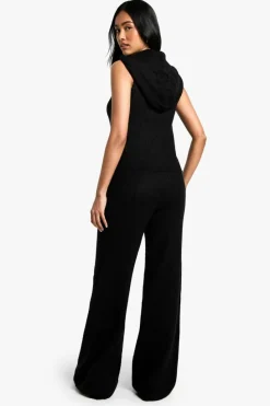 Knitted Co-Ords|Knitwear*boohoo Soft Knit Sleeveless Hoodie And Wide Leg Trouser Tracksuit black