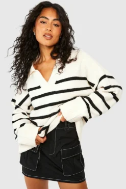 Oversized Jumpers|Jumpers*boohoo Soft Knit Stripe Polo Collar Jumper ecru