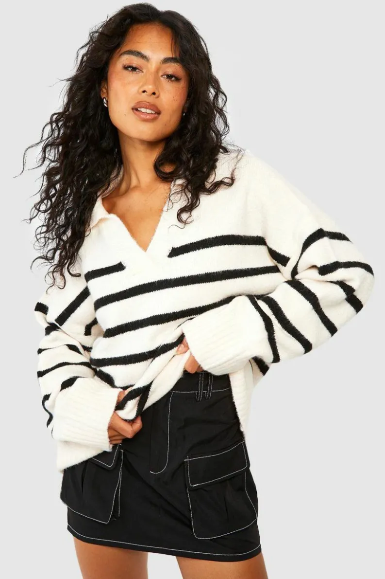 Oversized Jumpers|Jumpers*boohoo Soft Knit Stripe Polo Collar Jumper ecru