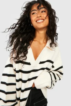 Oversized Jumpers|Jumpers*boohoo Soft Knit Stripe Polo Collar Jumper ecru