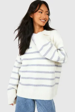 Oversized Jumpers*boohoo Soft Knit Stripe Polo Collar Jumper ivory