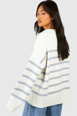 Oversized Jumpers*boohoo Soft Knit Stripe Polo Collar Jumper ivory