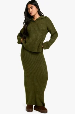 Knitted Co-Ords|Skirts*boohoo Soft Knit Thick Rib Collar Detail Jumper And Maxi Skirt Set khaki