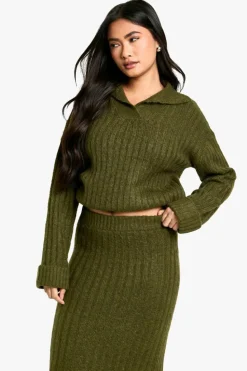 Knitted Co-Ords|Skirts*boohoo Soft Knit Thick Rib Collar Detail Jumper And Maxi Skirt Set khaki