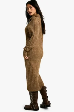 Jumper Dresses|Jumper Dresses*boohoo Soft Knit Thick Rib Collar Detail Midaxi Dress camel