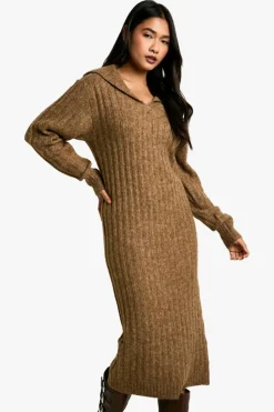Jumper Dresses|Jumper Dresses*boohoo Soft Knit Thick Rib Collar Detail Midaxi Dress camel