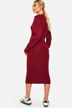 Jumper Dresses|Jumper Dresses*boohoo Soft Knit Thick Rib Collar Detail Midaxi Dress berry