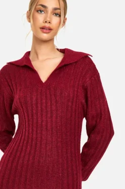 Jumper Dresses|Jumper Dresses*boohoo Soft Knit Thick Rib Collar Detail Midaxi Dress berry
