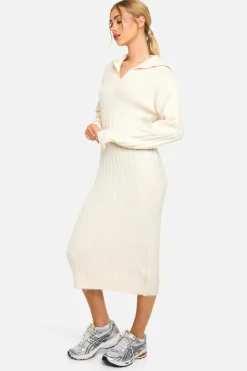 Jumper Dresses|Jumper Dresses*boohoo Soft Knit Thick Rib Collar Detail Midaxi Dress ecru
