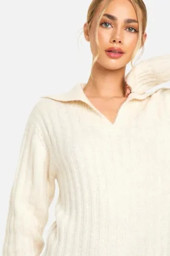 Jumper Dresses|Jumper Dresses*boohoo Soft Knit Thick Rib Collar Detail Midaxi Dress ecru