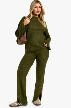 Knitted Co-Ords|Co-Ord Sets*boohoo Soft Knit Thick Rib Crew Neck Oversized Jumper And Knitted Trouser Set khaki