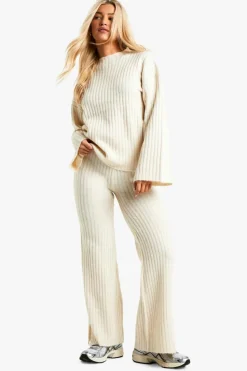 Knitted Co-Ords|Co-Ord Sets*boohoo Soft Knit Thick Rib Crew Neck Oversized Jumper And Knitted Trouser Set ecru