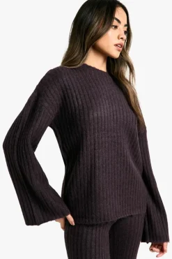 Knitted Co-Ords|Co-Ord Sets*boohoo Soft Knit Thick Rib Crew Neck Oversized Jumper And Knitted Trouser Set purple