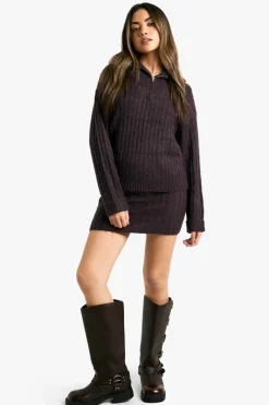Knitted Co-Ords*boohoo Soft Knit Thick Rib Zip Neck Oversized Jumper And Mini Skirt Set purple