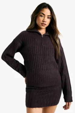 Knitted Co-Ords*boohoo Soft Knit Thick Rib Zip Neck Oversized Jumper And Mini Skirt Set purple