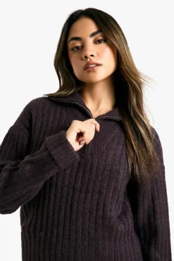 Knitted Co-Ords*boohoo Soft Knit Thick Rib Zip Neck Oversized Jumper And Mini Skirt Set purple