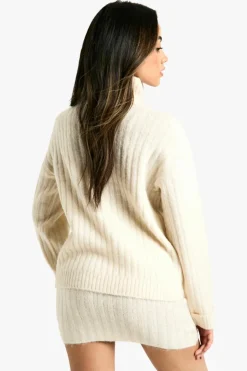 Knitted Co-Ords*boohoo Soft Knit Thick Rib Zip Neck Oversized Jumper And Mini Skirt Set ecru